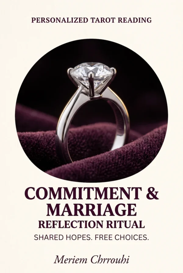 Commitment and Marriage Reflection Ritual — an upright solitaire diamond ring on softly folded dark plum velvet
