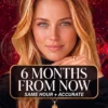 Six Months from Now — Future Tarot Portrait Cover Blonde reader wearing black and a gold hand pendant on a red celestial cover titled Six Months from Now.