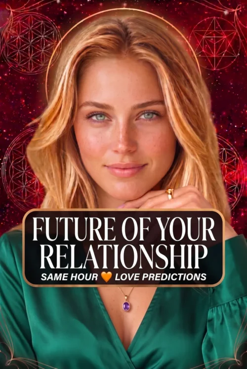 Blonde reader wearing emerald green and a purple pendant, with the title Future of Your Relationship on a red celestial background.