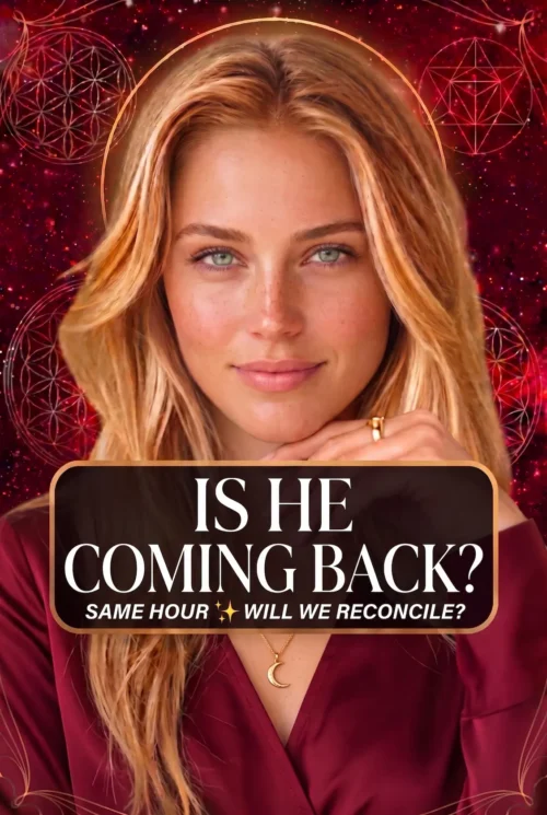 Blonde reader in burgundy with a crescent pendant beneath the title Is He Coming Back, Will We Reconcile.