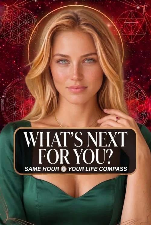What Is Next for You — Life Compass Psychic Reading Cover Blonde reader wearing green and a red gemstone ring on a celestial cover titled What Is Next for You, Your Life Compass.