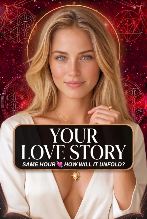 Blonde reader wearing white and a sun pendant on a red celestial cover titled Your Love Story, How Will It Unfold.