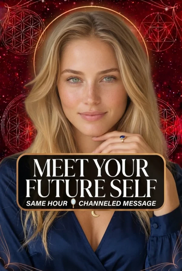 Blonde reader in navy blue with a crescent pendant on a red celestial cover titled Meet Your Future Self, Channeled Message.