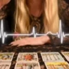 Blonde reader holding a pendulum over tarot cards, with a white waveform graphic across the image.