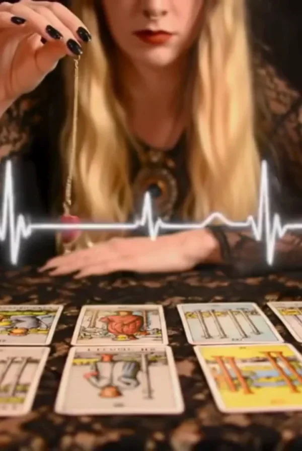 Blonde reader holding a pendulum over tarot cards, with a white waveform graphic across the image.