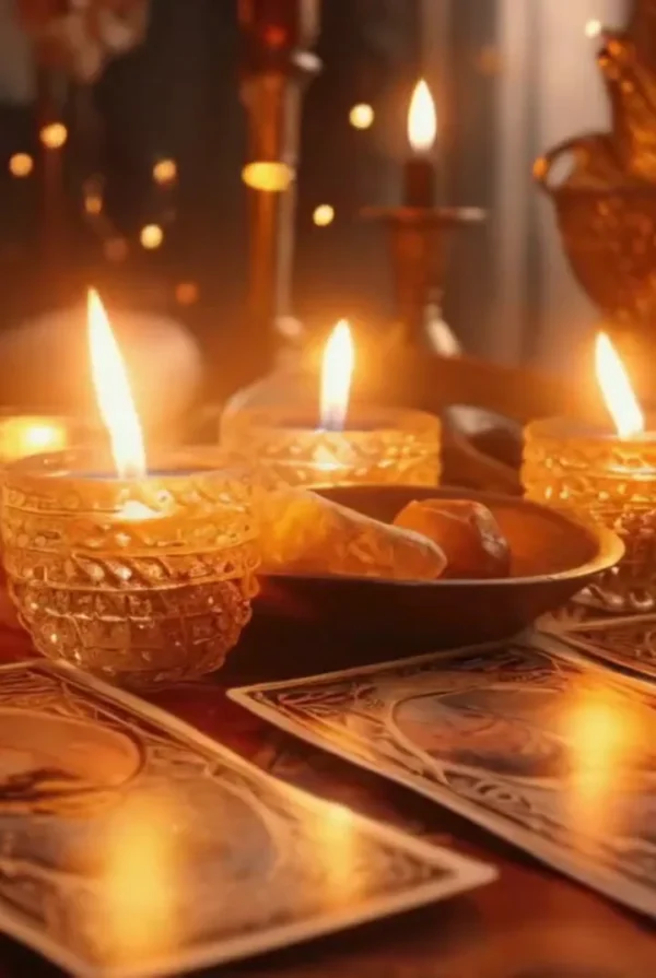 Lit candles in amber glass holders beside tarot cards on a warmly illuminated table.