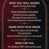 Who You Will Marry: spouse qualities, timing impressions and partnership themes; share your name, birth date and questions.
