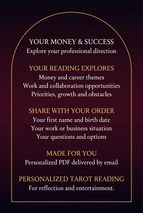 Your Money and Success: career themes and priorities; share your name, birth date, work situation and questions for a PDF by email.