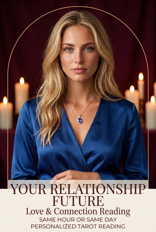 Your Relationship Future love and connection reading cover with a blonde woman in blue satin and candles.
