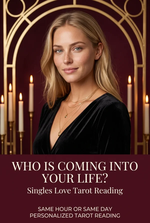 Singles Love Tarot Reading — Who Is Coming In | Meriem Chrrouhi Who Is Coming Into Your Life? Singles love tarot reading cover with a candlelit blonde portrait and gold arch.