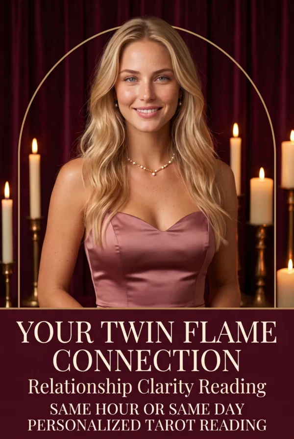 Your Twin Flame Connection relationship clarity reading cover with a blonde woman in rose satin and candlelight.