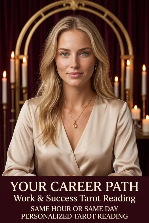 Your Career Path work and success tarot reading cover with a champagne-clad blonde portrait and candles.