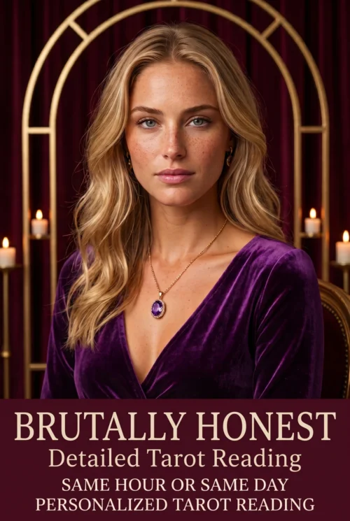 Brutally Honest Detailed Tarot Reading | Meriem Chrrouhi Brutally Honest detailed tarot reading cover with a blonde woman in purple, candles and a gold arch.