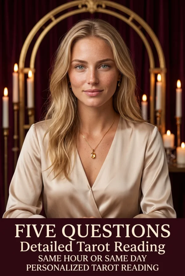 Five Questions detailed tarot reading cover with a blonde woman in champagne satin beneath a gold arch.