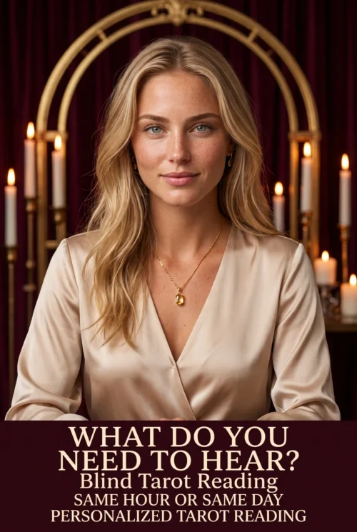 Blind Tarot Reading — No Question Needed | Meriem Chrrouhi What Do You Need to Hear? Blind tarot reading cover with a blonde woman in champagne satin and candles.