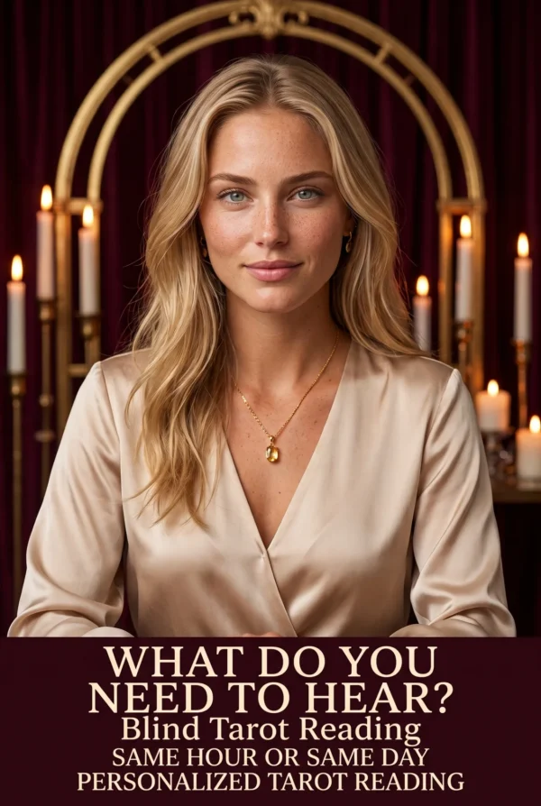 What Do You Need to Hear? Blind tarot reading cover with a blonde woman in champagne satin and candles.
