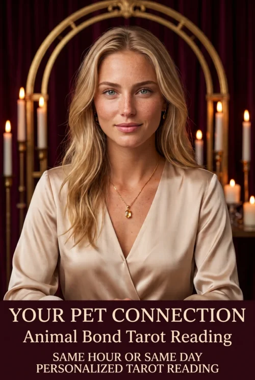 Your Pet Connection animal bond tarot reading cover with a blonde woman in champagne satin and candlelight.