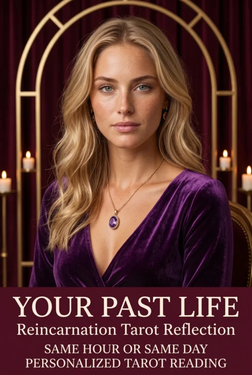 Your Past Life reincarnation tarot reflection cover with a blonde woman in purple, gold arches and candles.