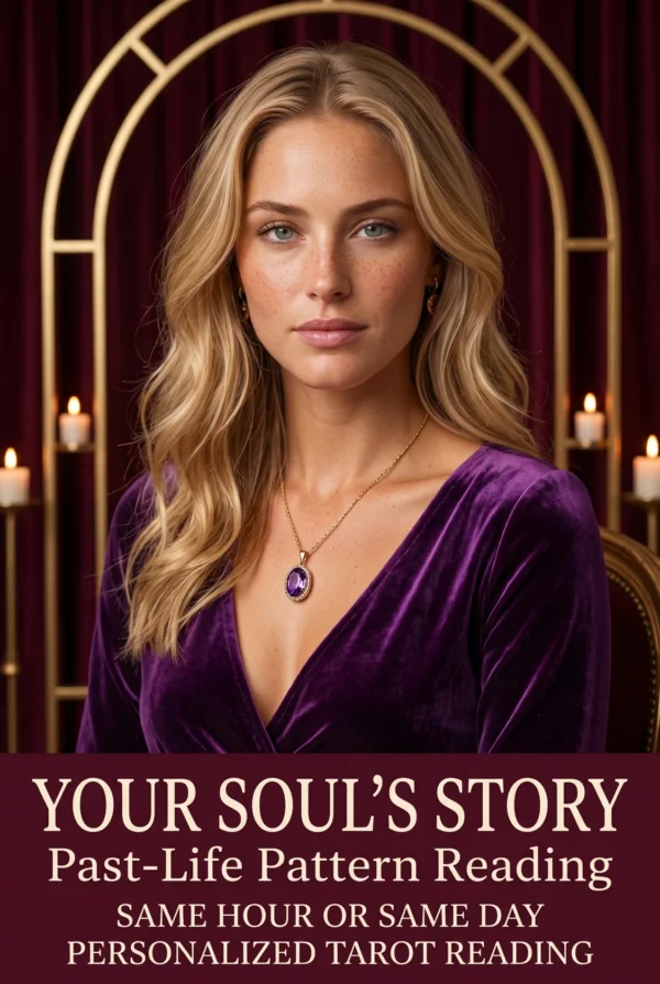 Past Life Identity and Soul-Pattern Reading | Meriem Chrrouhi Your Soul’s Story past-life pattern reading cover with a blonde woman in purple and candlelight.