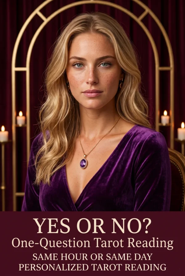 Yes or No One-Question Tarot Reading | Meriem Chrrouhi Yes or No? One-question tarot reading cover with a blonde woman in purple and a candlelit gold arch.