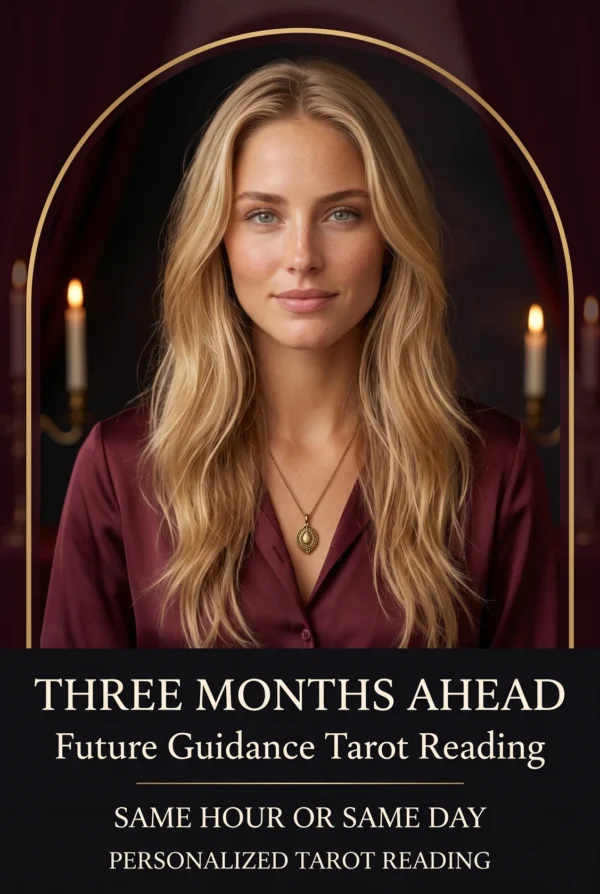 Three-Month Future Guidance Tarot Reading | Meriem Chrrouhi Three Months Ahead future guidance tarot reading cover with a blonde woman in burgundy and candles.