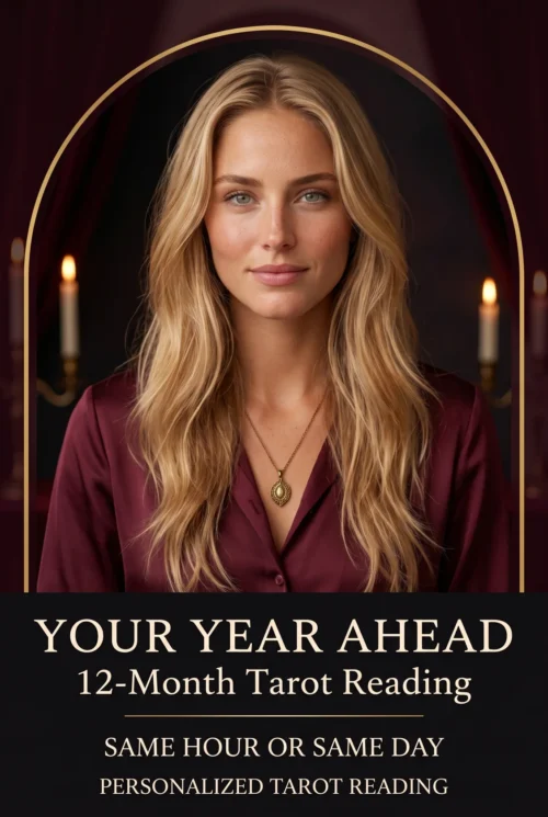 Your Year Ahead 12-month tarot reading cover with a blonde woman in burgundy and a candlelit arch.
