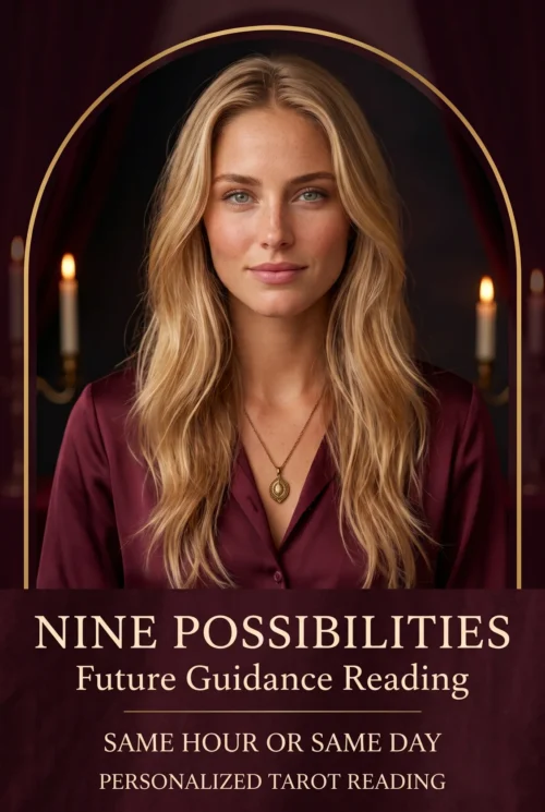 Nine Possibilities future guidance reading cover with a blonde woman in burgundy and candlelight.