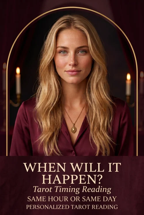 When Will It Happen? Tarot timing reading cover with a blonde woman in burgundy and a candlelit gold arch.