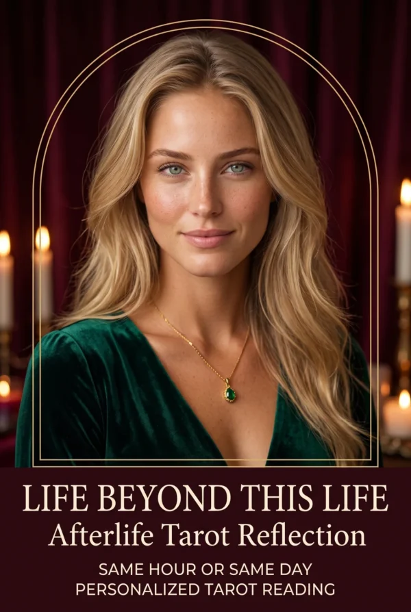 Life After Death Tarot Reflection | Meriem Chrrouhi Life Beyond This Life afterlife tarot reflection cover with a blonde woman in emerald and candles.