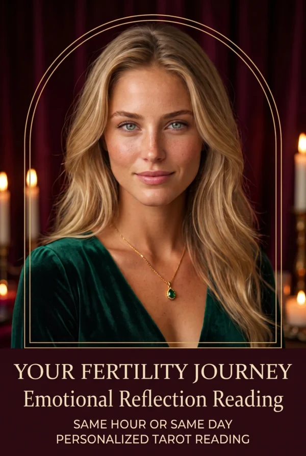 Fertility Journey Tarot Reflection | Meriem Chrrouhi Your Fertility Journey emotional reflection reading cover with a blonde woman in emerald and candlelight.