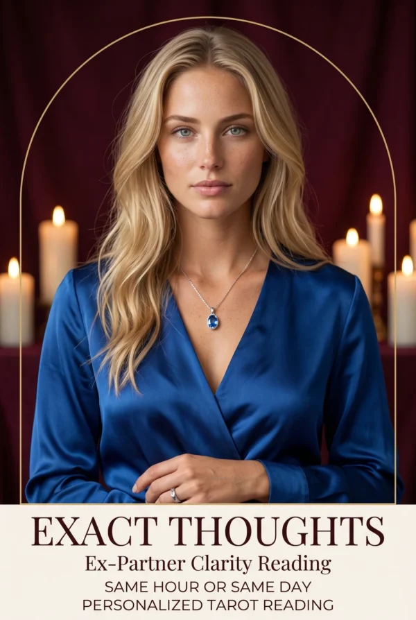 Exact Thoughts ex-partner clarity reading cover with a blonde woman in blue satin and candles.
