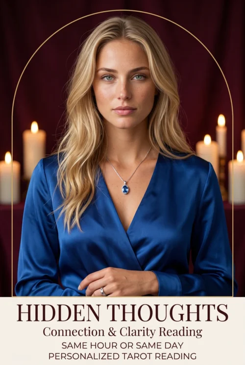 Telepathy and Thoughts Tarot Reading | Meriem Chrrouhi Hidden Thoughts connection and clarity reading cover with a blonde woman in blue satin and candlelight.