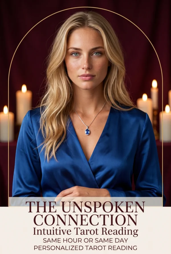 The Unspoken Connection intuitive tarot reading cover with a blonde woman in blue satin and candlelight.