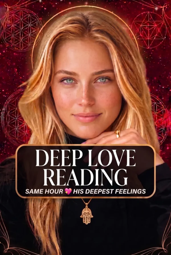 Deep Love Reading — His Feelings Portrait Cover Blonde tarot reader in black with a gold pendant, pictured on a red celestial cover titled Deep Love Reading, His Deepest Feelings.